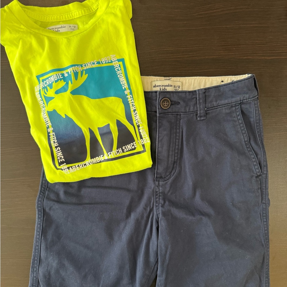 Abercrombie Kids Neon Yellow Tee and navy shorts